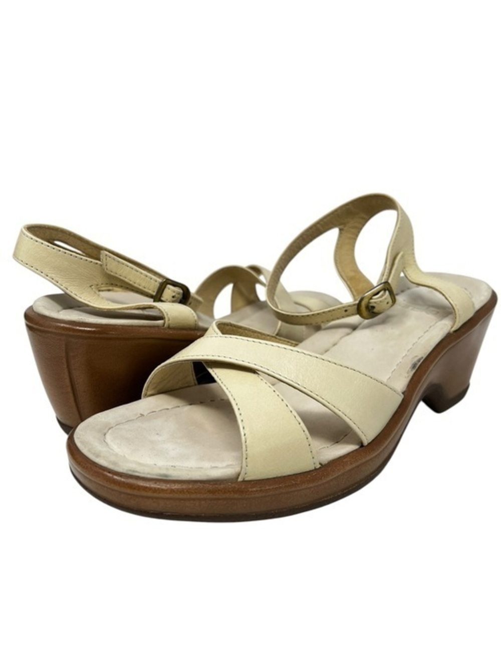 Dansko Cream Leather Cross-Strap Wedge Sandals with Buckle